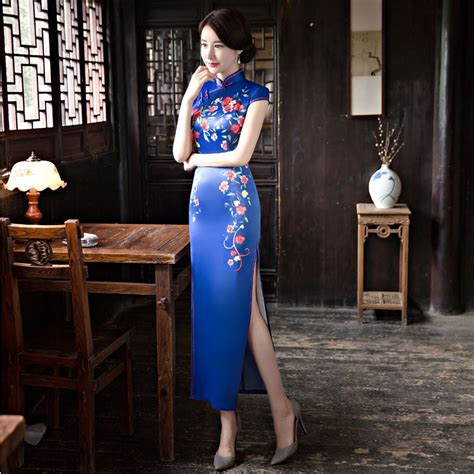 2018 blue cheongsam sexy qipao woman evening dress traditional chinese style chinois femme