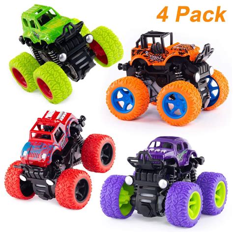 4 Pack Monster Truck Car Toys Friction Powered Push Go Pull Back