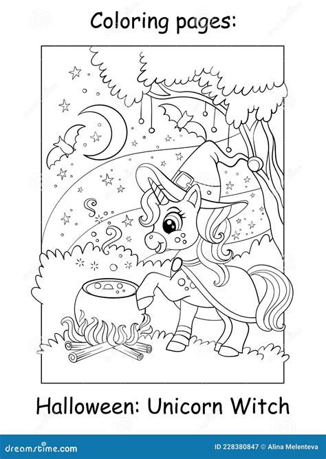 Coloring Book Page Cute Unicorn Witch Halloween Stock Vector