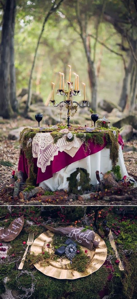 The Table Is Covered With Moss And Candles