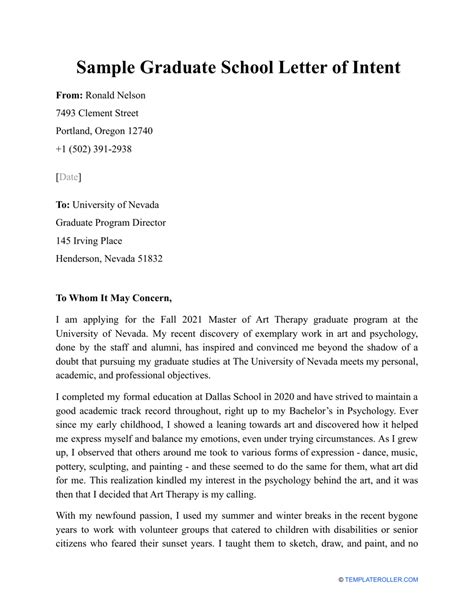 Sample Graduate School Letter Of Intent Download Printable Pdf