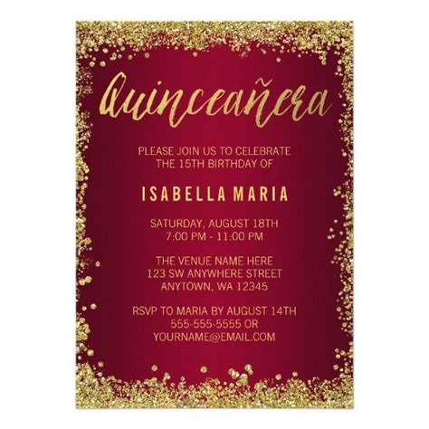 Burgundy Gold Glitter Quinceanera 15th Birthday Invitation