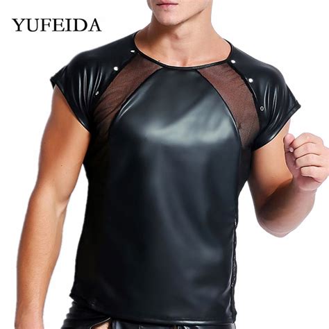 Sexy Mens Undershirts Pu Leather Wetlook Mesh T Shirts Male Underwear