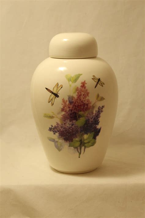 Lilacs With Dragonfly Cremation Urn Ceramic Jar With Lid Large Urn For
