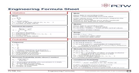 Engineering Formula Sheet Pltw Inc Engineering Formulas Mode Mean