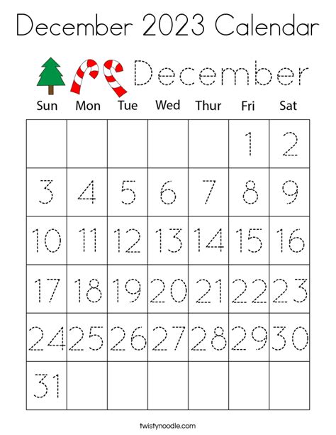 December 2023 Calendar Coloring Page Twisty Noodle