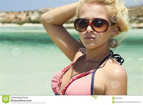 Beautiful Blond Woman In Sunglasses On Beach Stock Image Image Of