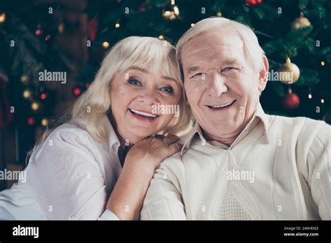 Closeup Portrait Of Two Nice Cheerful Positive Adorable Beautiful Grey Haired Married Spouses