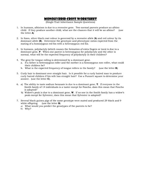 Use a punnett square to prove your answer. 14 Best Images of Monohybrid Cross Worksheet Answer Key ...