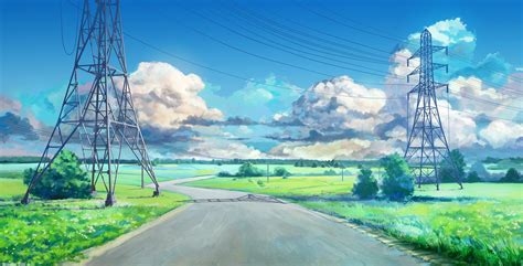 Wallpaper Field Scenic Clouds Summer Grass Anime Scenery