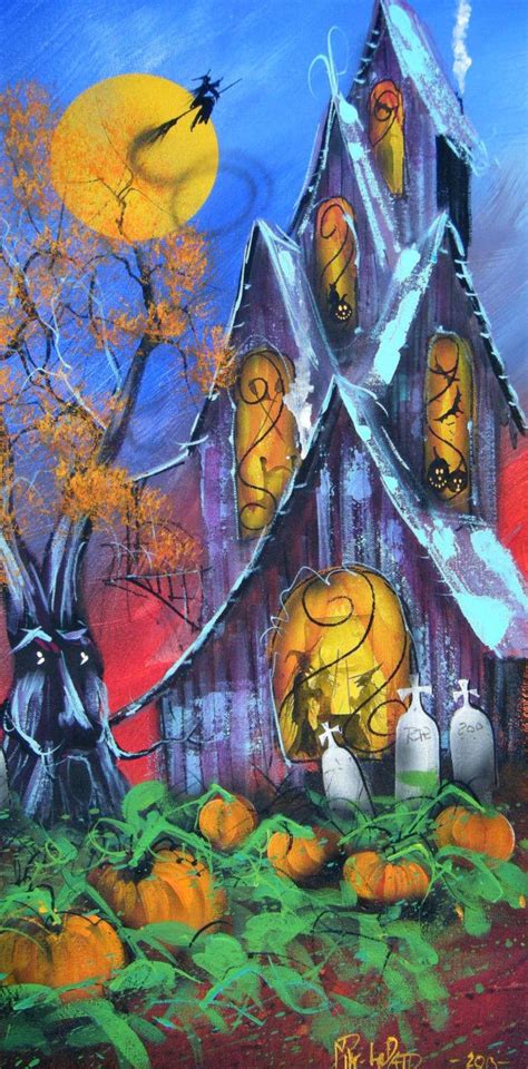Original Halloween Folk Art Painting Witch Bat Ghost Pumpkin Spooky