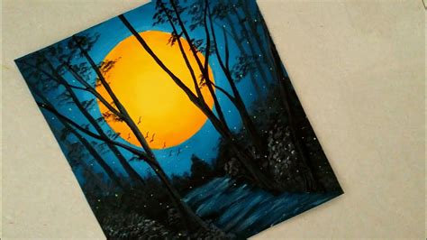 Easy and explained for the beginner of acrylic painting. An easy nature night view scenery painting || Sunset Acrylic painting || Sun in the dark scenery ...