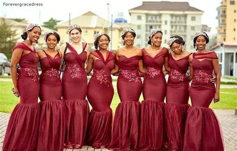 Nigerian Mermaid Bridesmaid Dresses Burgundy Summer Country Garden Wedding Party Guest Maid Of