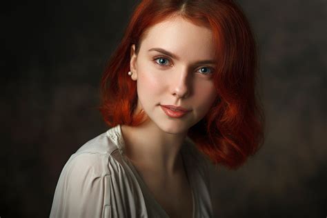 Wallpaper Face Women Redhead Model Depth Of Field Simple Background Long Hair Blue Eyes