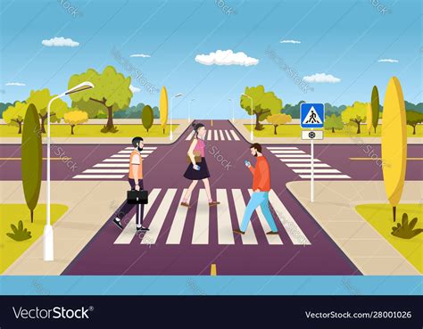 People Walking On Crosswalk Pedestrians Crossing Vector Image