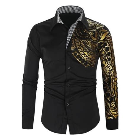 Luxury Gold Black Shirt Men New Slim Fit Long Sleeve Camisa Masculina