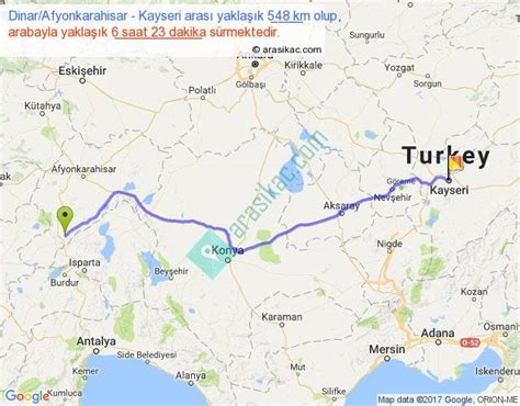 Dinar Afyonkarahisar Kayseri arası kaç km, saat