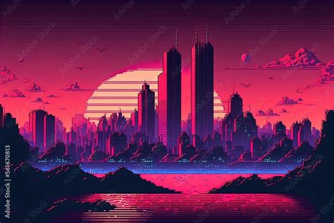 Pixel Art City In Vaporwave Style Background In Retro Style For 8 Bit
