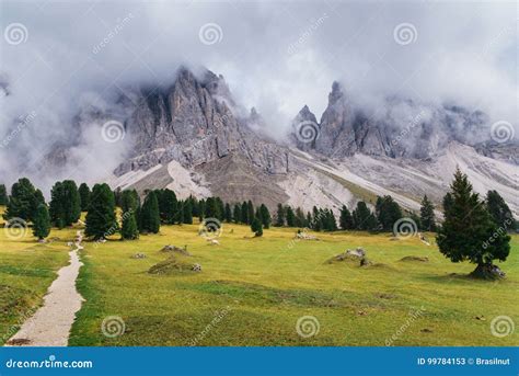 Puez Odle Massif In Dolomites Near Above Val Gardena Valley With Meadow