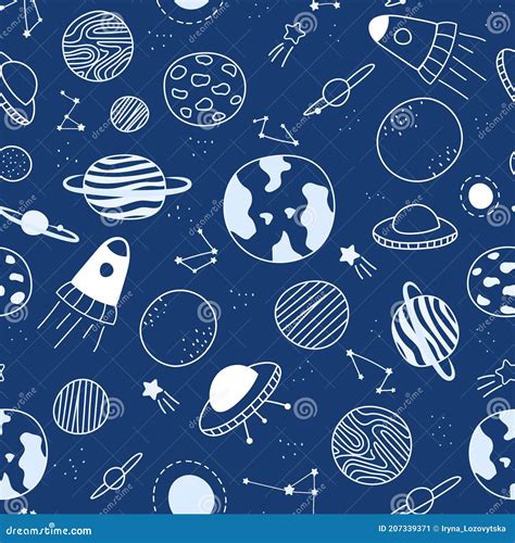 Vector Seamless Pattern On Galaxy Theme Space Elements Doodle On Dark