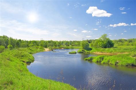 Beautiful Summer Landscape River And Meadow Stock Photo