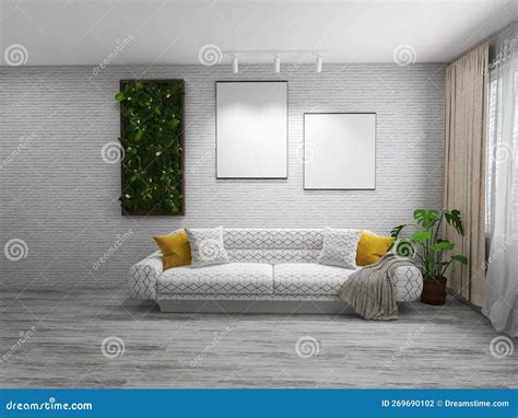 Living Room Interior 3d Render 3d Illustration Plant Template Stock