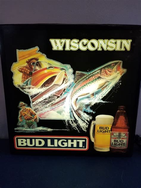 Vtg 1980s Bud Light Beer Wisconsin Fishing And Snowmobile Light Up Bar