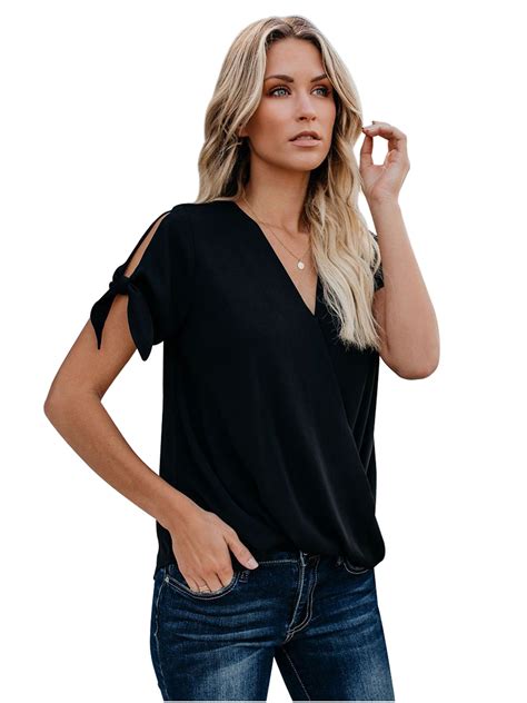 Csndyce Womens Loose Fit Blouses Short Sleeve V Neck Pull Up Shirts Top With Twisted Front