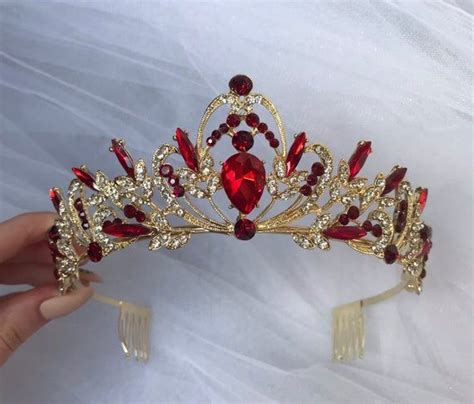 Red Tiara With Earringsgold Tiararoyal Crown Crystal Tiarabridal