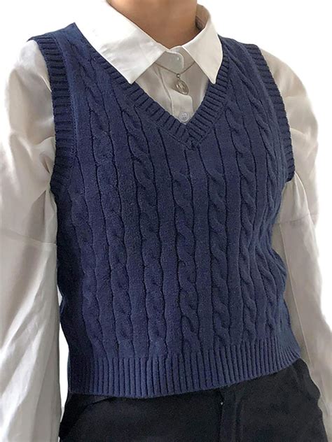 Womens Knitted Vest Sleeveless V Neck Diamond Plaid Knit Sweater Vest Crop Tank Top Blue S