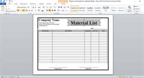 Free Download Professional Material List Template - Excel TMP