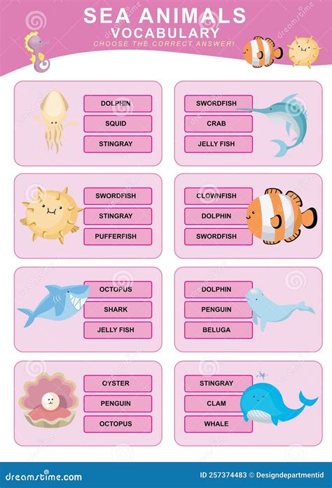 English vocabulary about sea animals worksheet for kids stock vector
