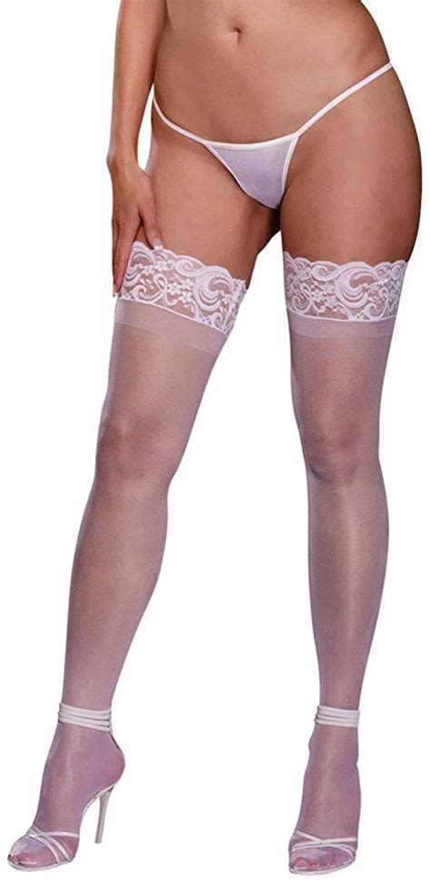 Dreamgirl Womens Sheer Thigh High Stockings With Silicone Lace Top Stockings Outfit Nylon
