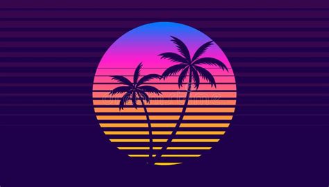 Classic Retro 80s Style Tropical Sunset With Palm Tree Stock Vector