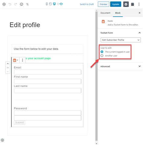 Using Editing forms to “edit your profile” - Toolset