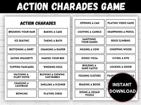 Printable Charades Game 70 Fun Words And Actions Charades Etsy