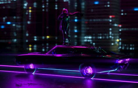 Girl Standing On Car Neon City Wallpaperhd Artist Wallpapers4k