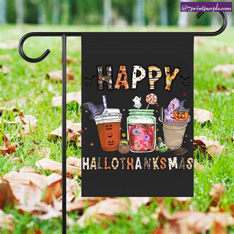 Happy Hallothanksmas Coffee Latte Halloween Thanksgiving Garden Flag For Sale 7printpurple