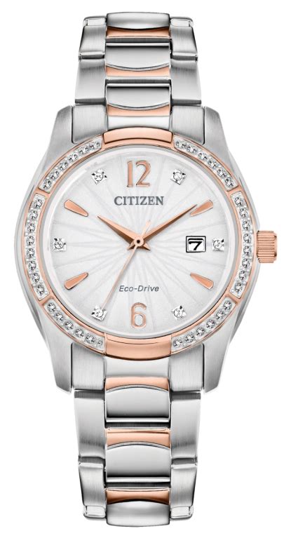 citizen eco drive silhouette crystal mother of pearl dial two tone womens watch ew2576 51a