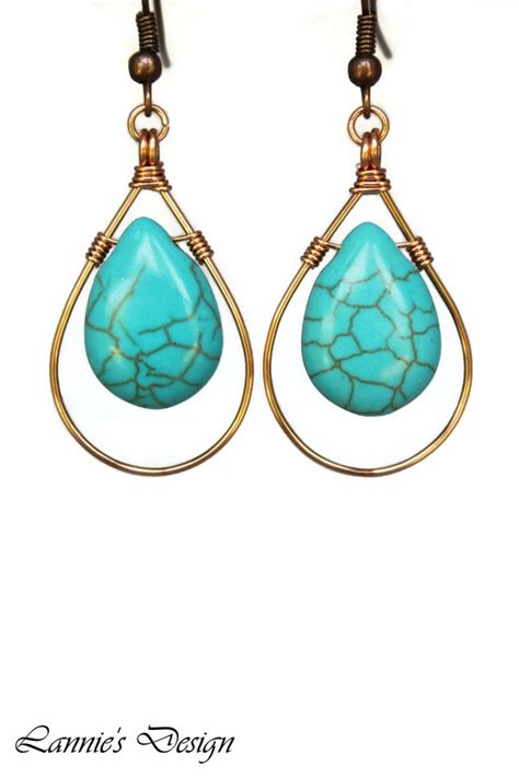 Turquoise Teardrop Dangling Earrings Copper Antiqued Brass Etsy