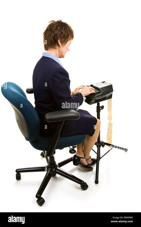 Court Reporter Typing On Her Stenography Machine Full Body Isolated On