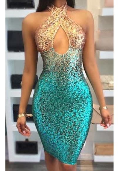 Green Patchwork Sequin Sparkly Cut Out Bodycon Halter Neck Backless Nightwear Party Midi Dress