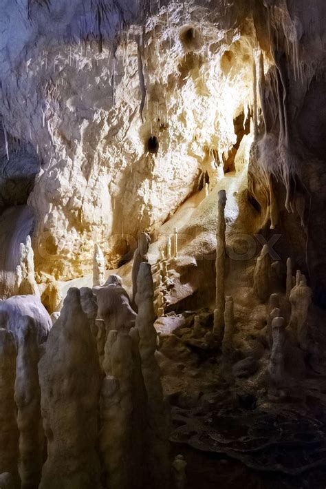 Spectacular Stalagmites And Stalactites Formations Scene Inside One Of