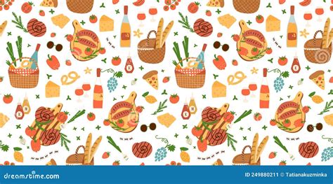 Summer Picnic Pattern Vector Picnic Baskets With Food Seamless Pattern