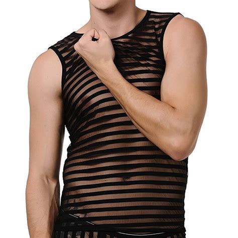 Mesh Transparent Tank Top Men Sexy Gay Singlets Striped Fitness Mens