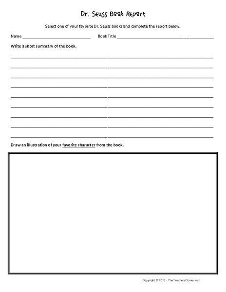 Dr Seuss Book Report Character Worksheet For 3rd 6th Grade