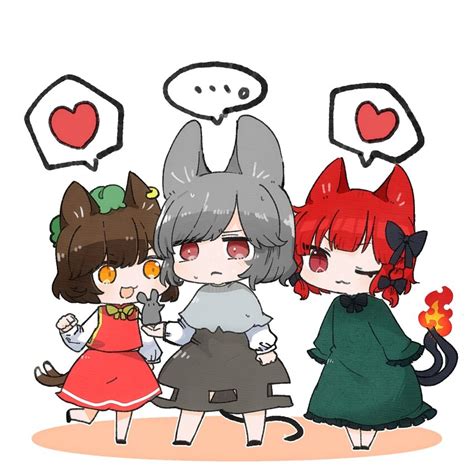 Kurotaro Chen Kaenbyou Rin Nazrin Touhou Commentary Request Highres 3girls 3