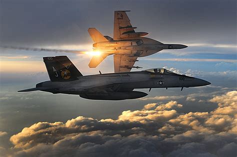 Us Navy Fa 18 Super Hornets Deploy Heat Flares During A Combat