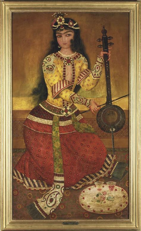Qajar Woman Playing A Stringed Instrument Persian Art Painting