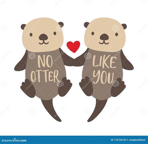 Sea Otters Couple Floating And Holding Hands Vector Illustration Stock